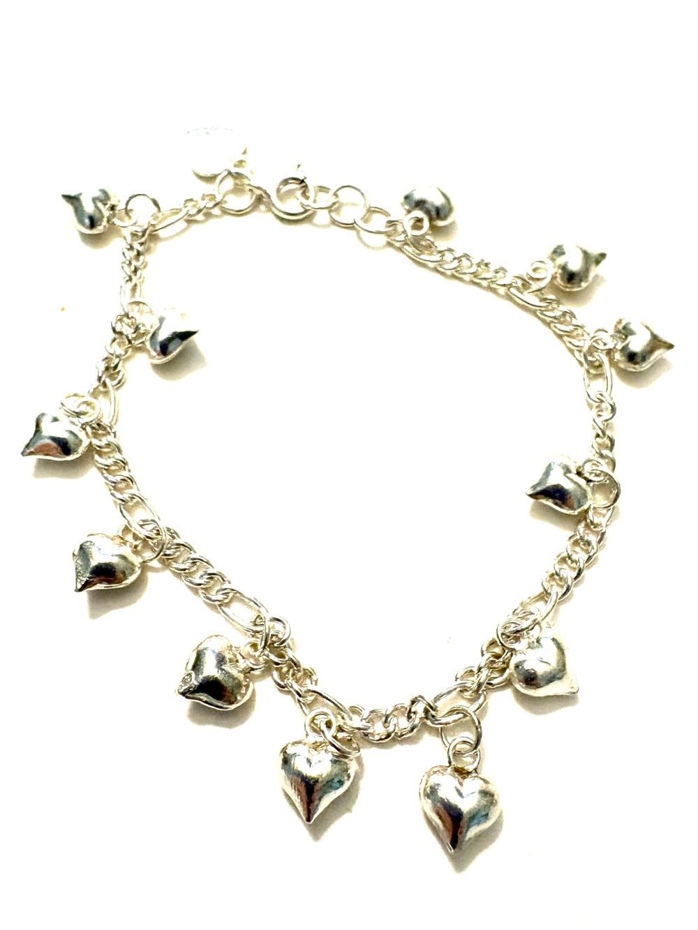 FASHION JEWELRY Sterling Silver Dangling Teeny Hearts Bracelet, 7 inch